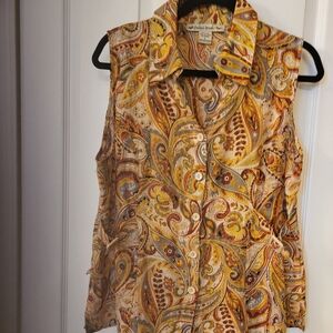 Coldwater Creek Yellow Tan Button Down Shirt 100% Linen Vintage Pre Owned